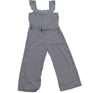 Monteau Cropped Jumpsuit Women's X-Small Belted Blue/White Stripe Ruffle Sleeve